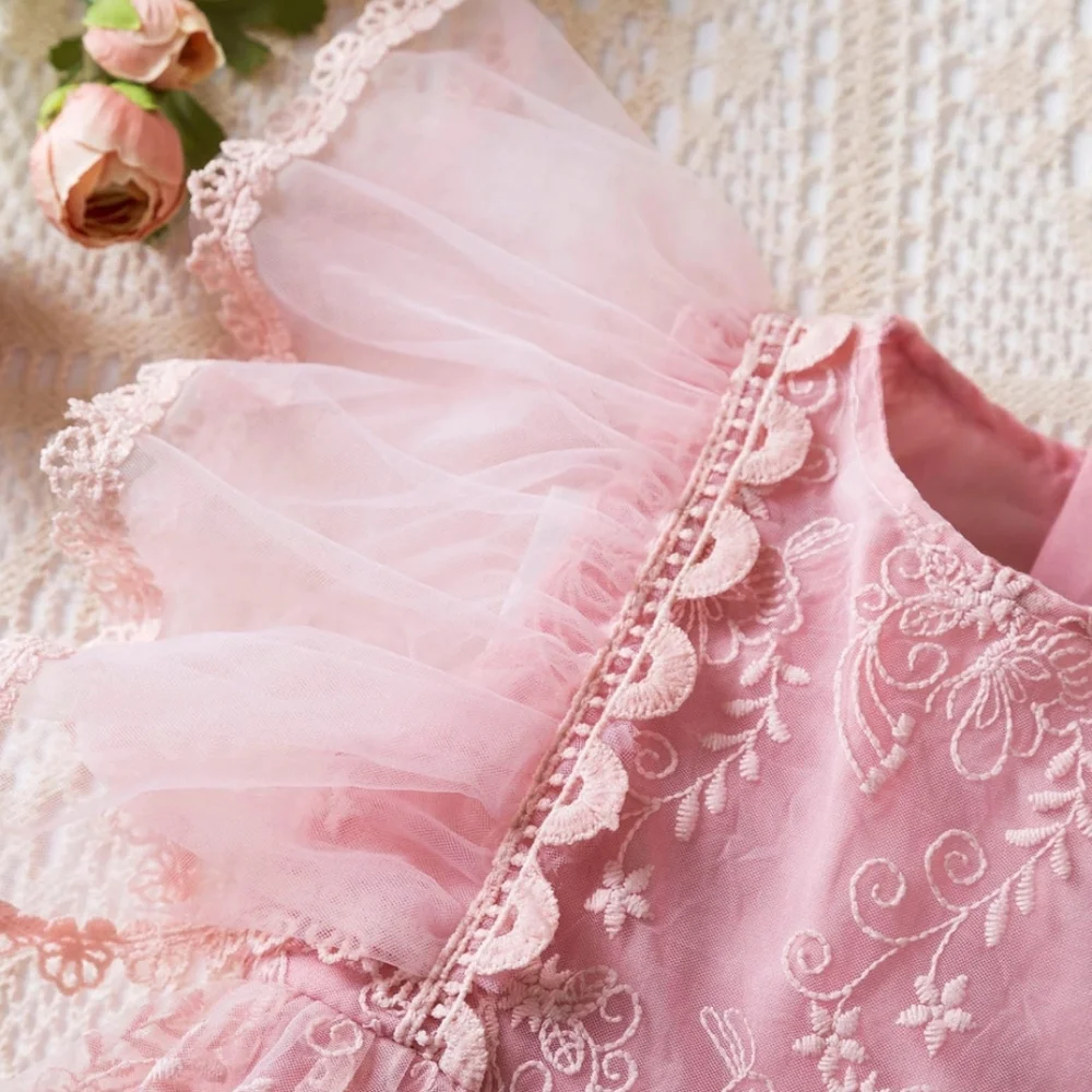 Elegant Girls Lace Tulle Fairy Floral Embroidered Ruffle‎ Trim Rear Zipper Dress